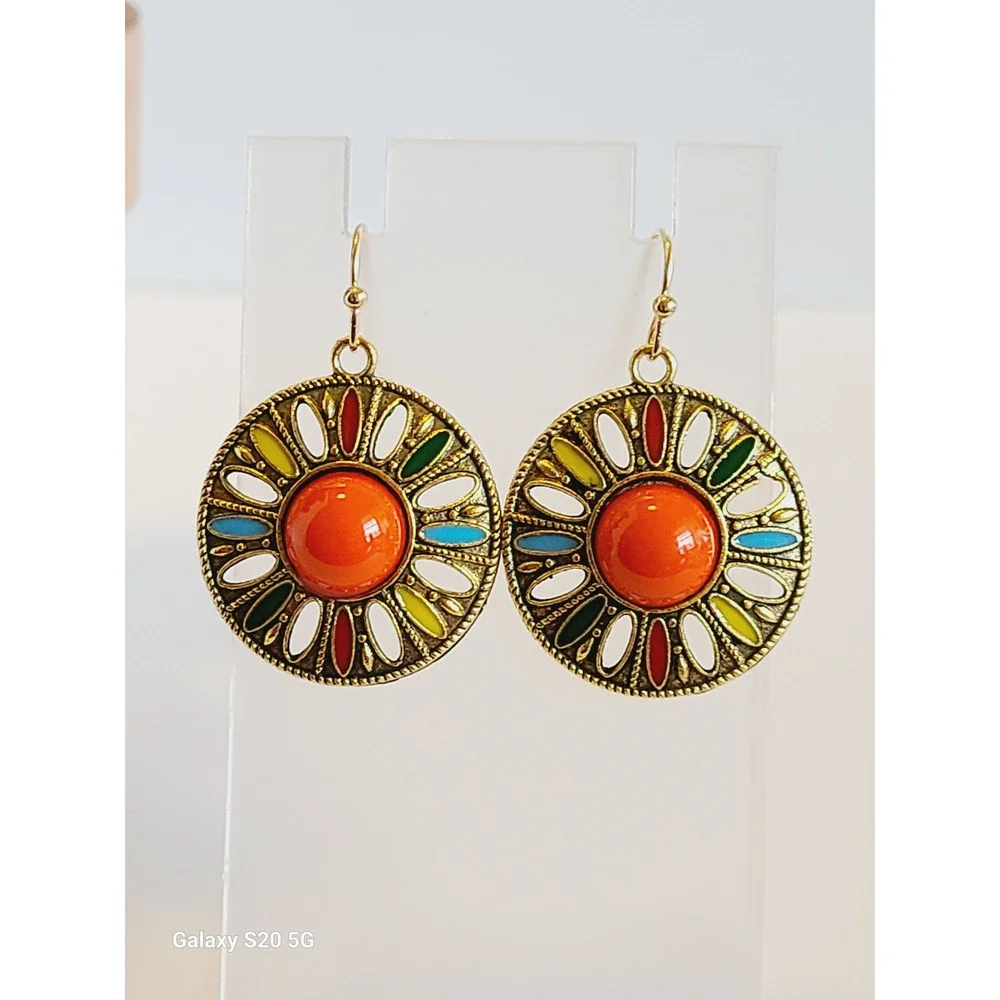Gold Tone‎ Multi Color Enamel Sunburst Boho Drop Earrings Orange Cabochon Round